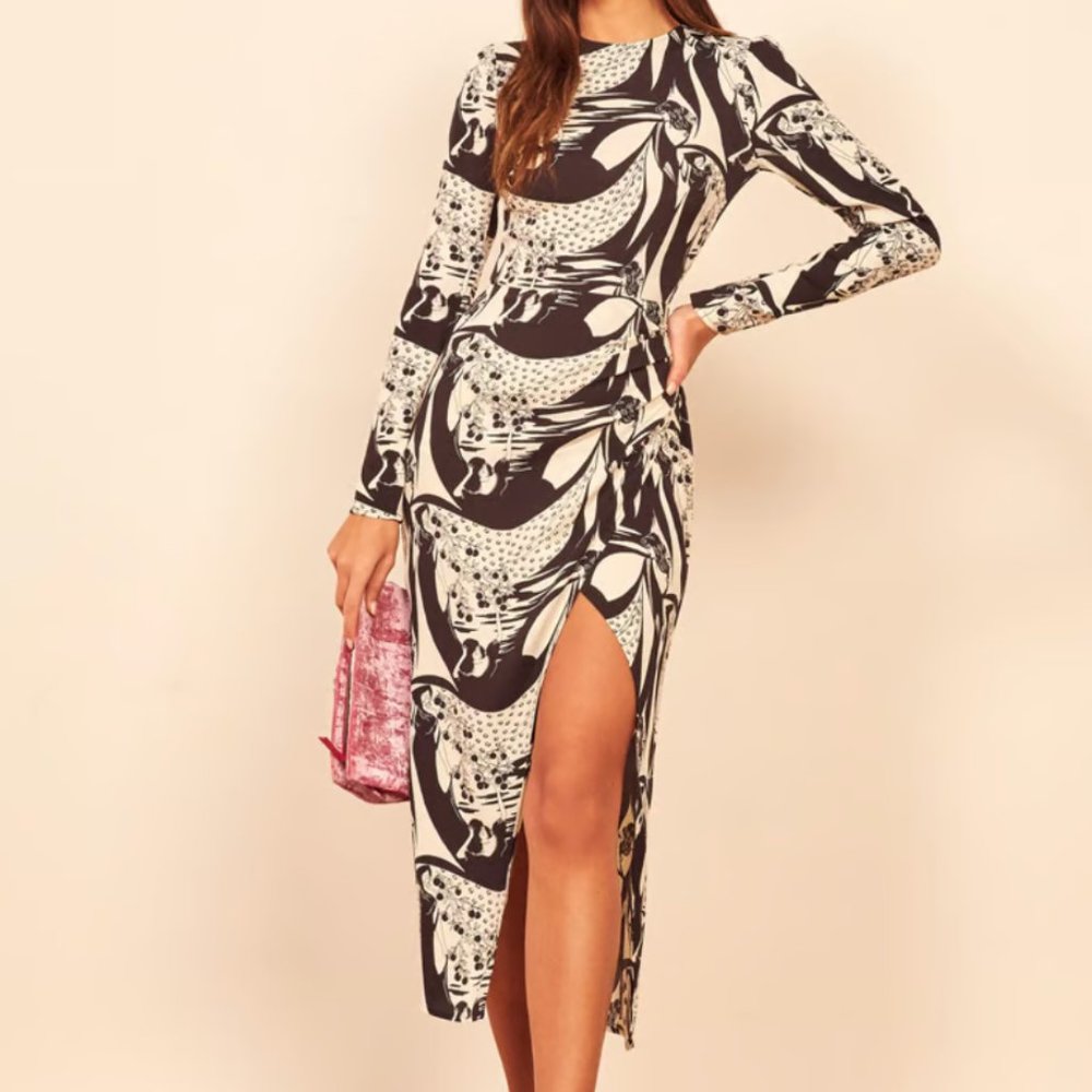 Reformation Persephone Celeste Midi dress with slit and wrapped skirt